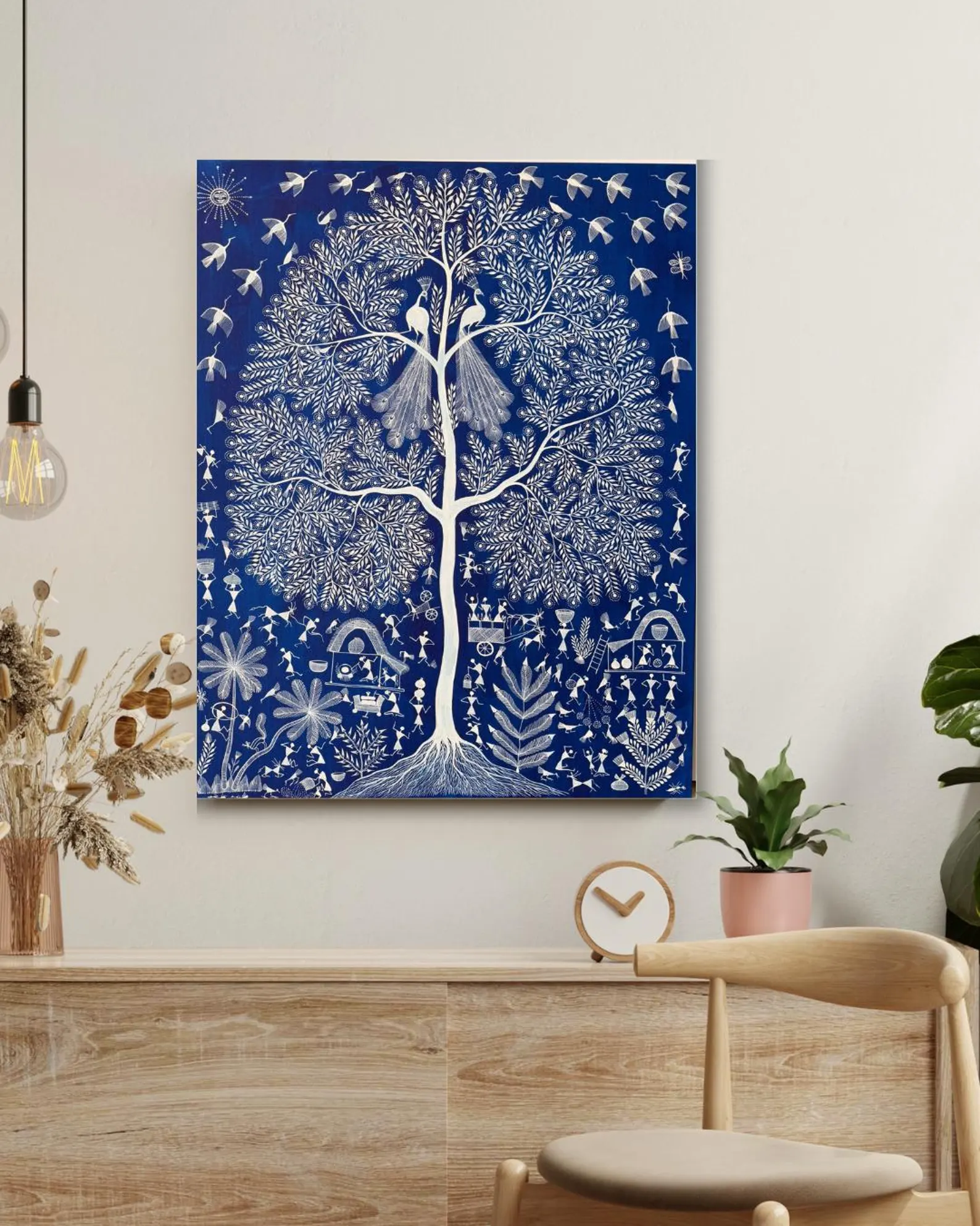 Warli Tribal Art Painting Blue Canvas Wall Art | Australian Folk Decor 80x100cm