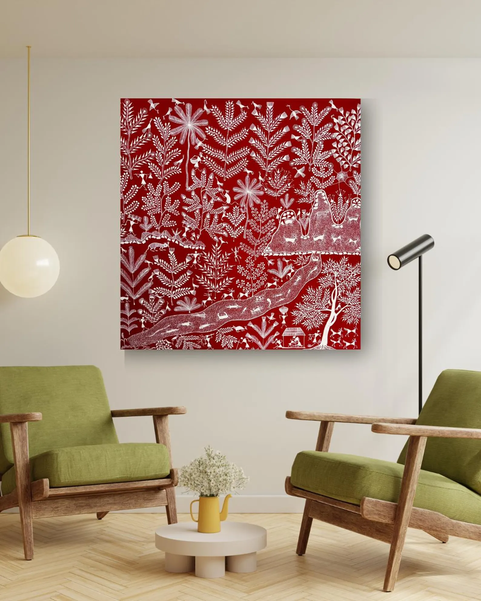 Warli Tribal Art Painting Red Canvas Wall Art 80x80cm | Folk Decor