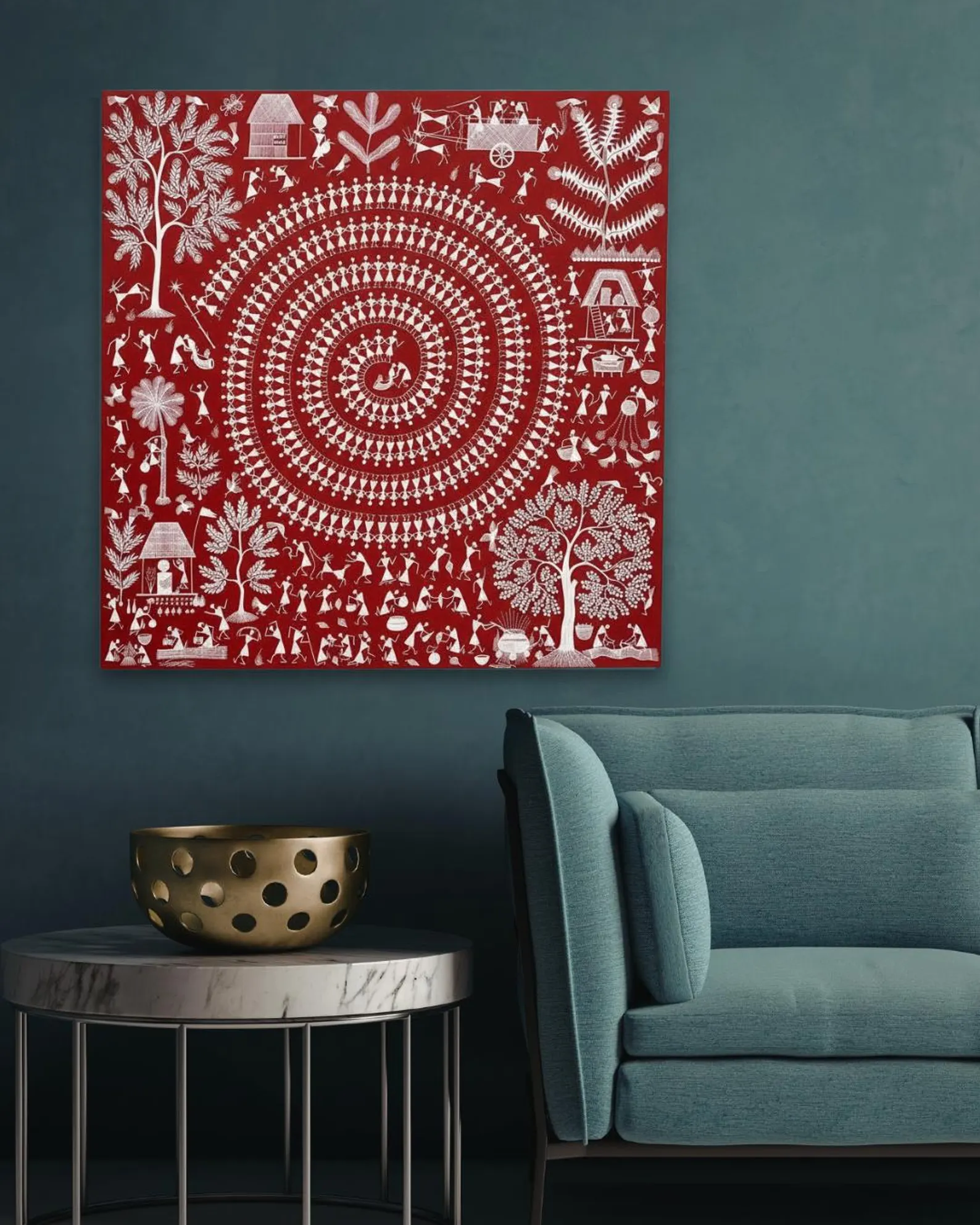 Warli Tribal Art Painting | Red Canvas Wall Art, Folk Decor (Ready to Hang)