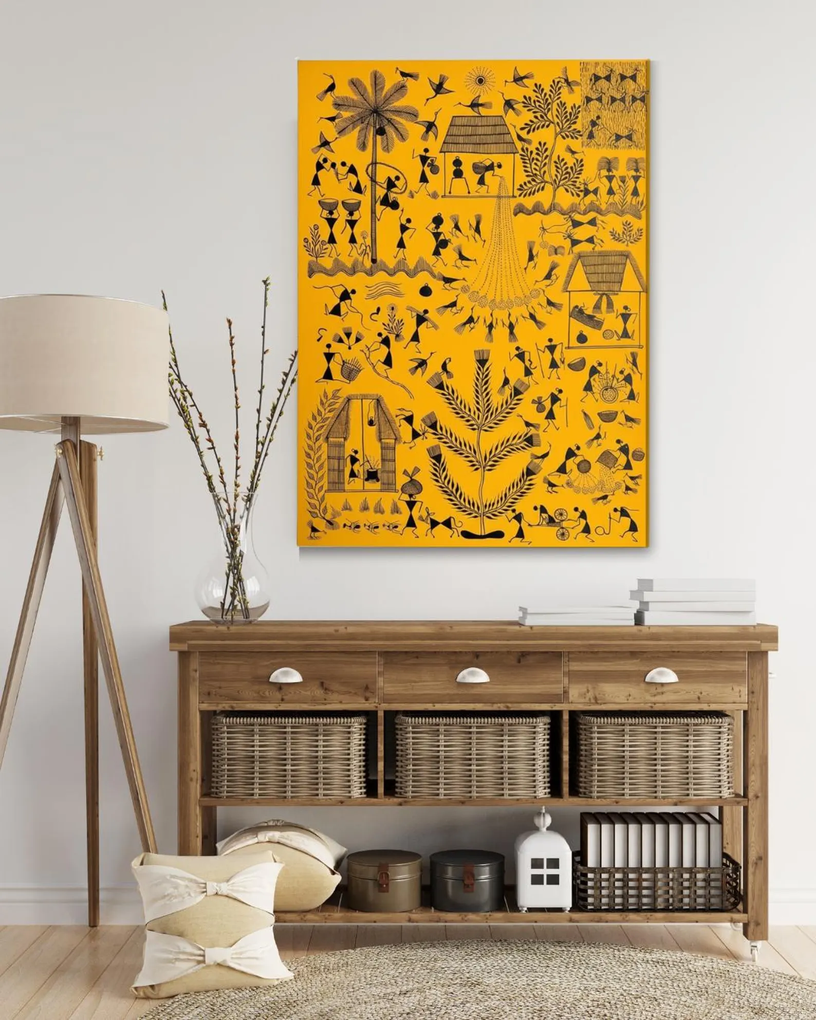 Warli Tribal Art Painting Yellow | Hand-Painted Canvas Wall Art (70x50cm)