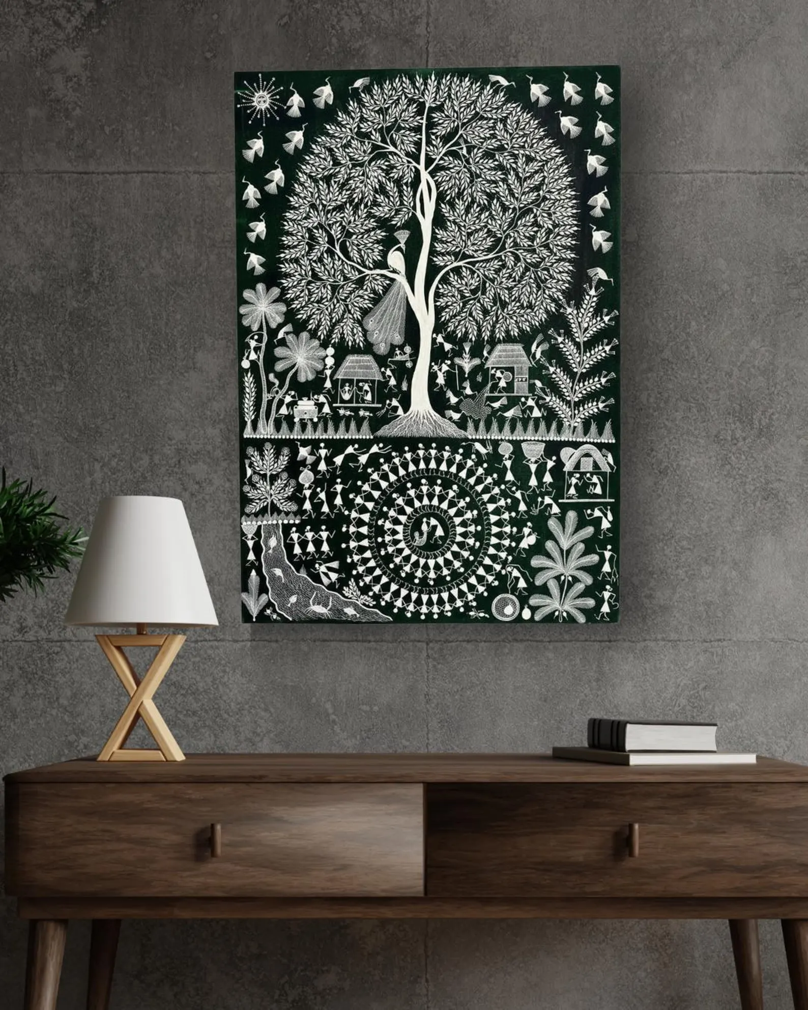 Warli Tribal Canvas Painting | Green Hand-Painted Wall Art (50x70cm)